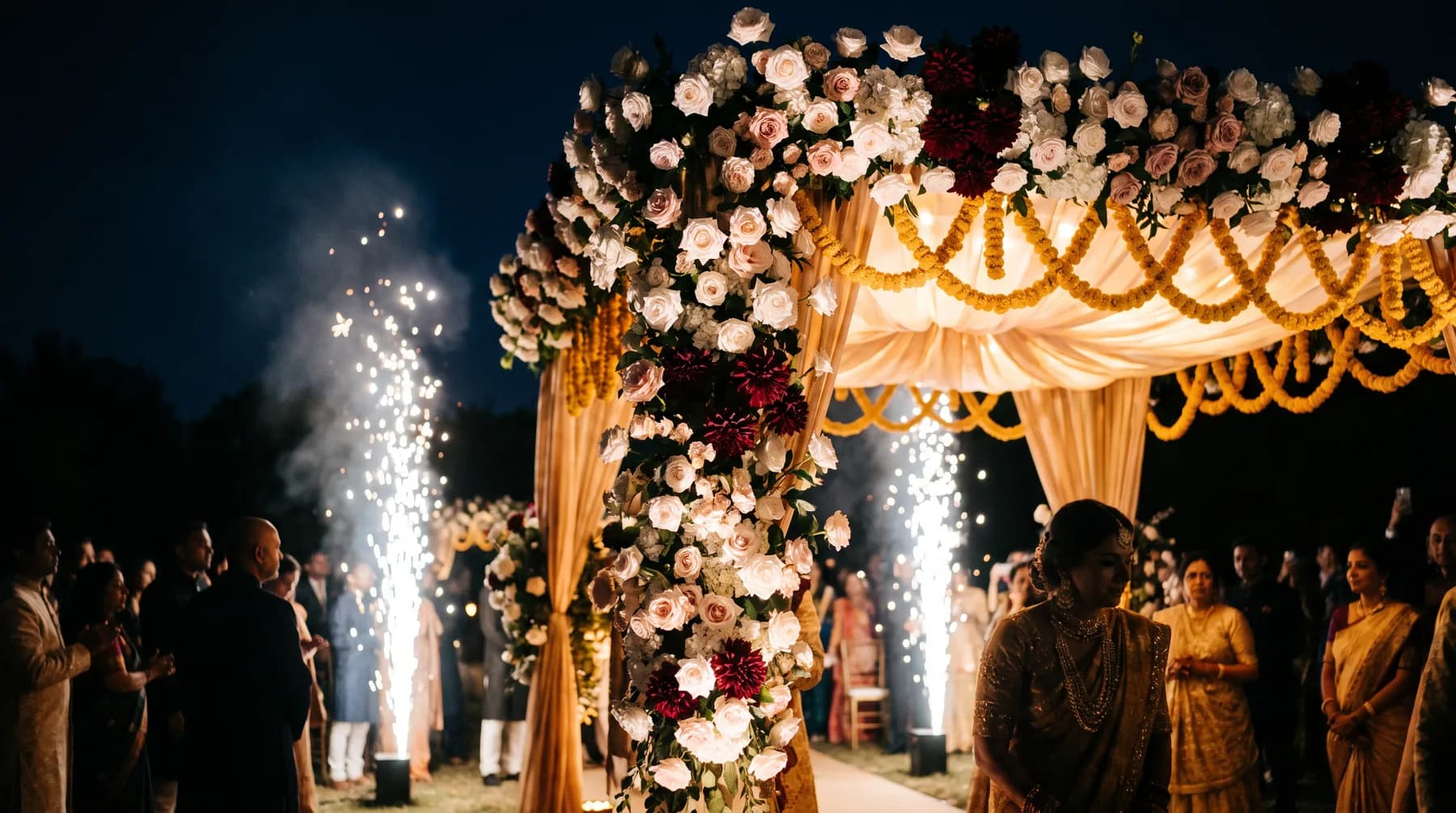 A lit floral entrance canopy at night with sparkler fountains