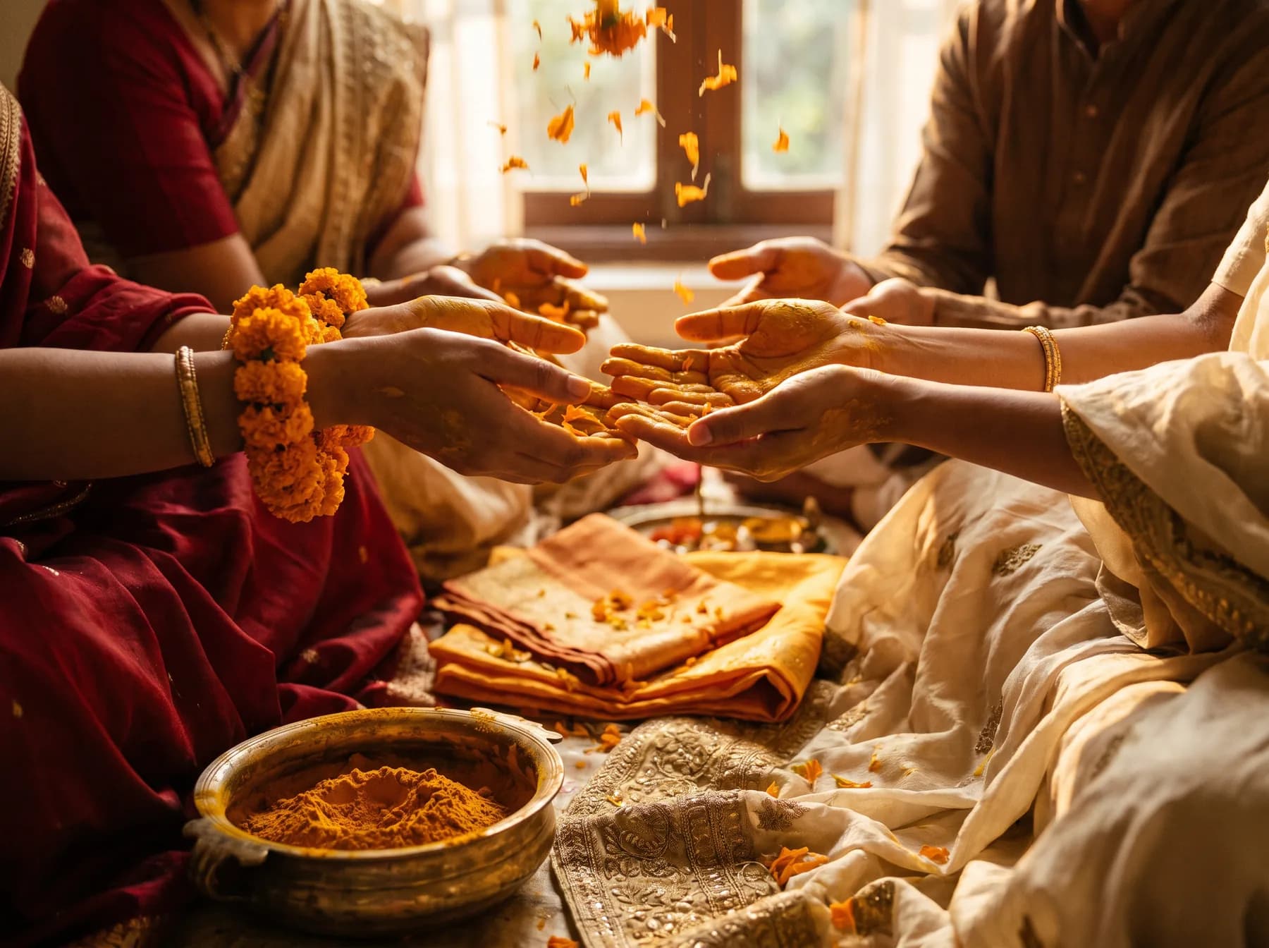 Hands covered in turmeric paste in low morning sunlight