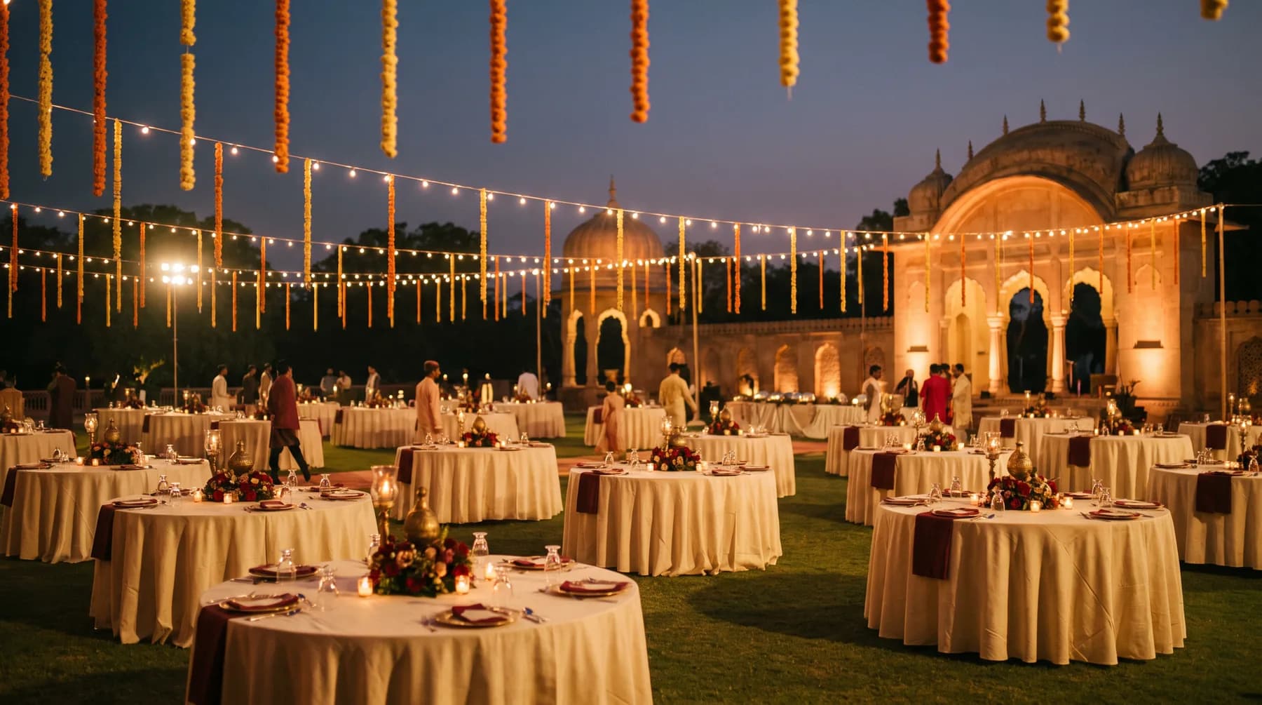 A palace lawn set for a wedding dinner under strings of warm light