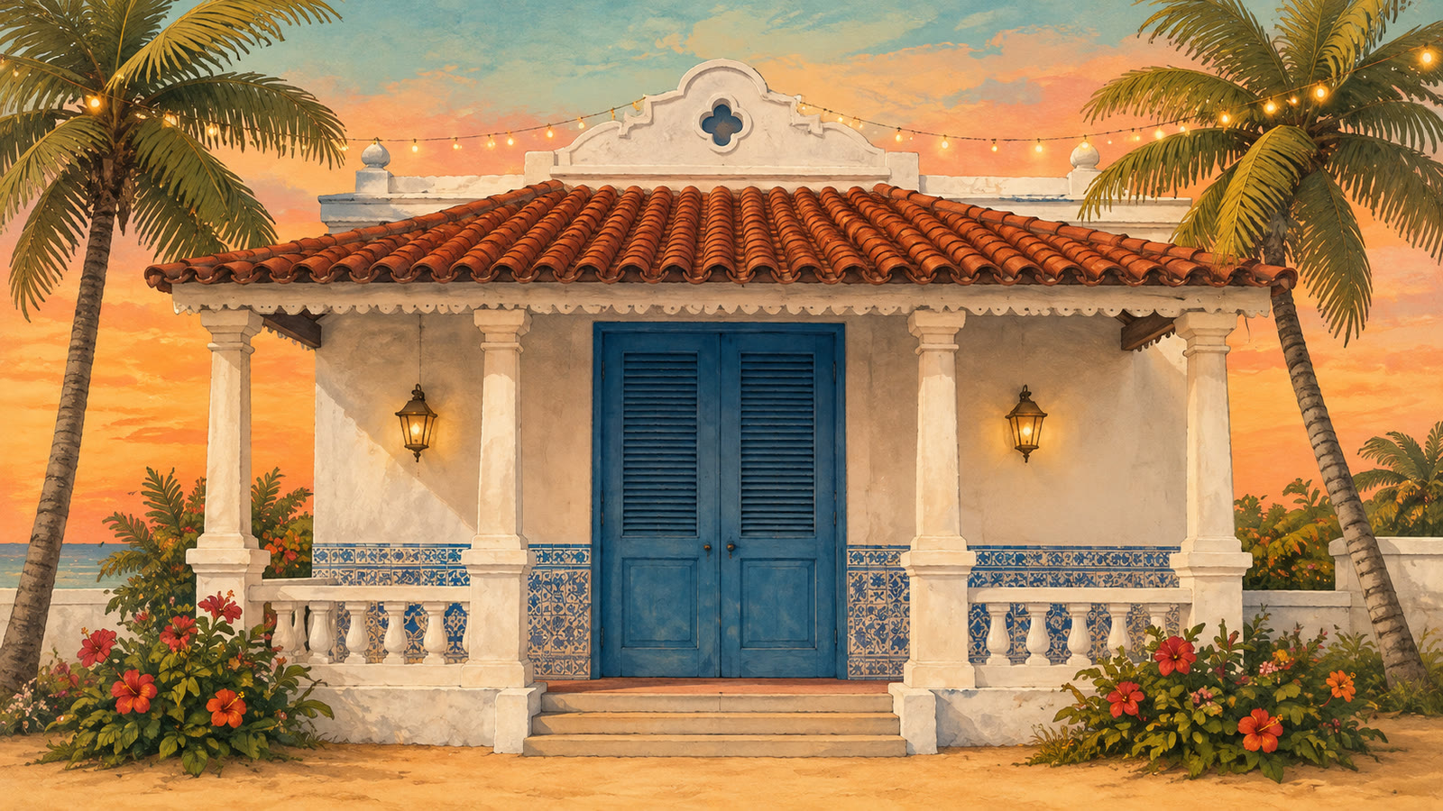 An illustrated beach house with blue shutters, palms and fairy lights against a sunset sky