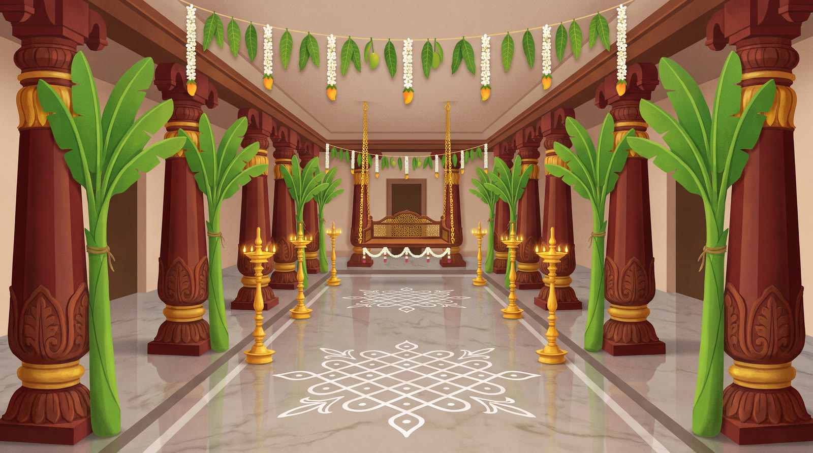 An illustrated pillared mandapam hung with jasmine, a kuthuvilakku burning at the steps